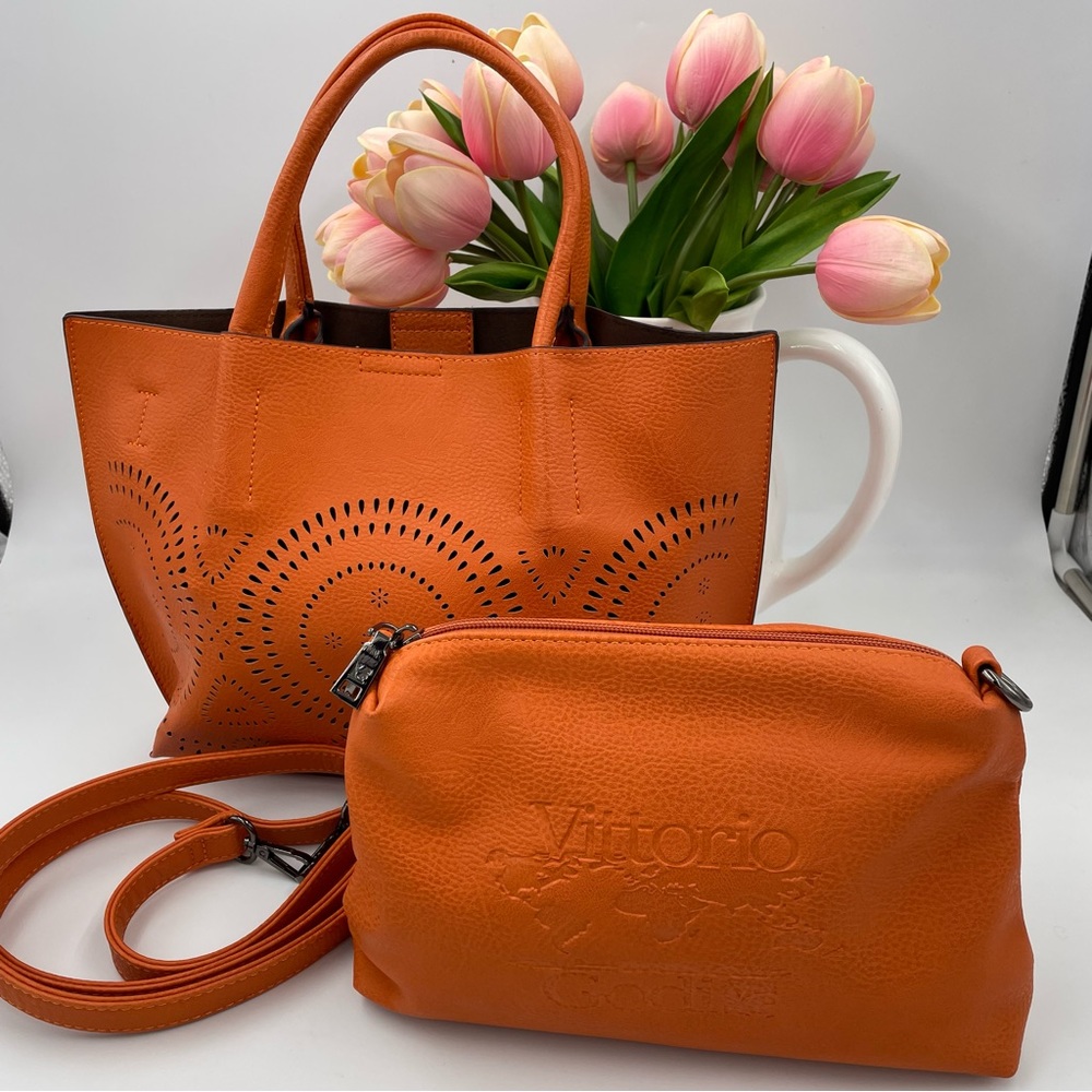 Vittorio Godi Orange Leather Tote with Pouch